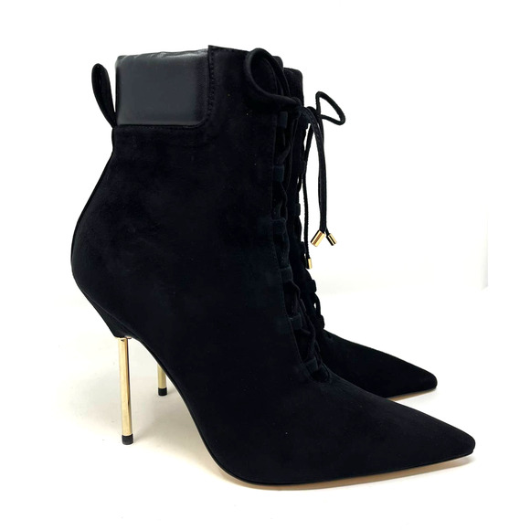 Good American Scandal Lace Up Stilleto Booties Suede Black Size 8.5 GA012K-X - Picture 1 of 9